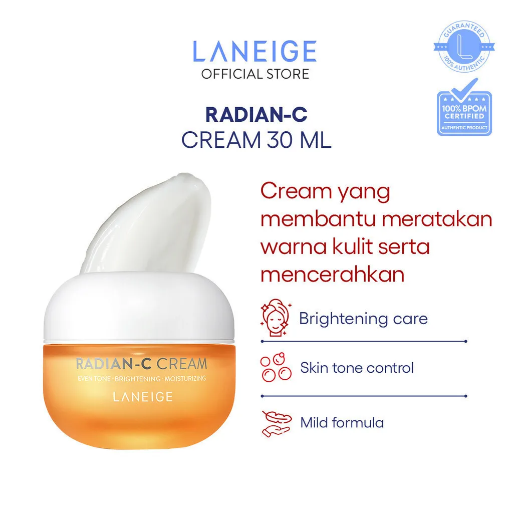 LANEIGE Radian-C Cream 30ML - Brightening Moisturizer, Krim Pencerah untuk Noda Hitam