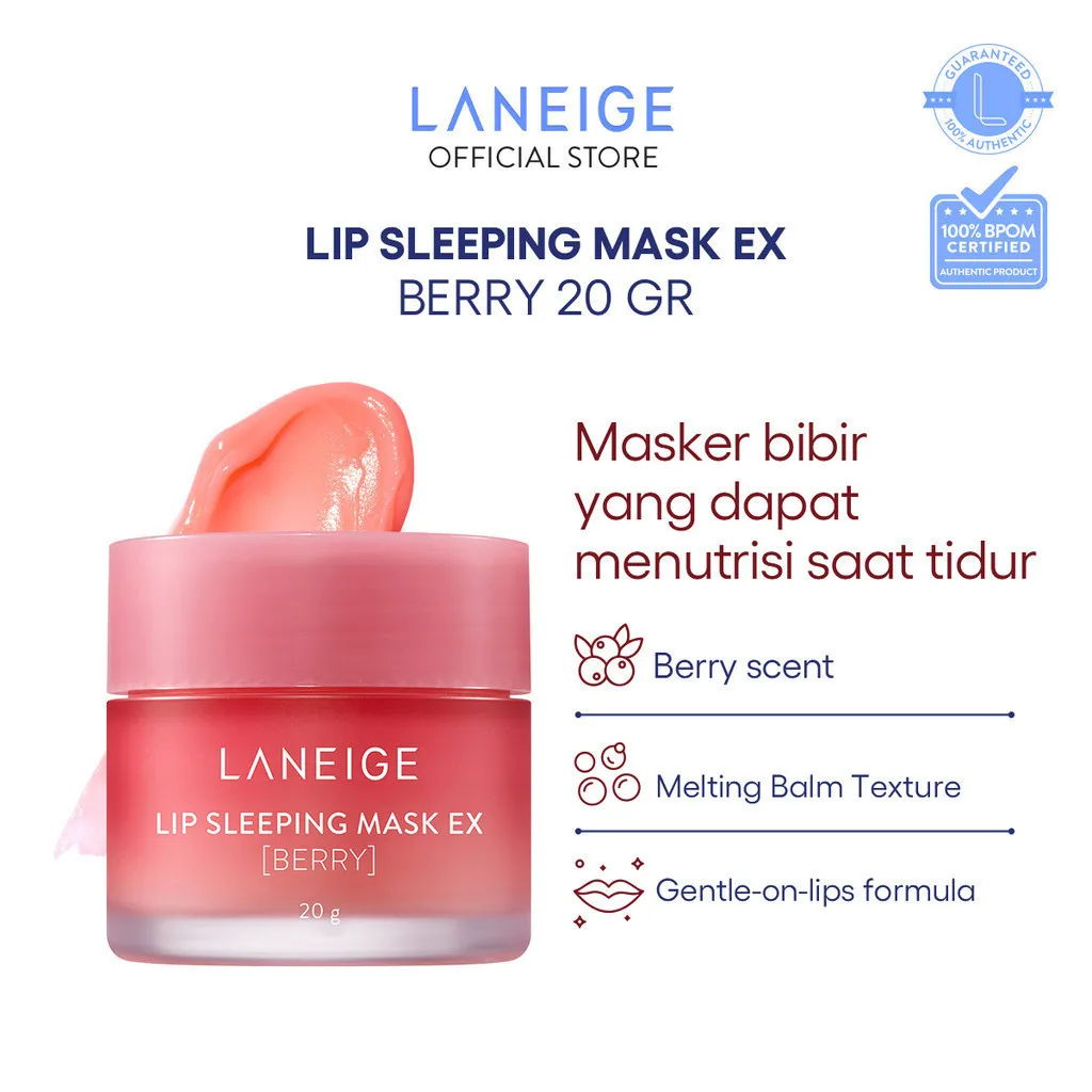 LANEIGE Lip Sleeping Mask EX Berry 20 gr - Masker Bibir Malam, Melembapkan Bibir Kering & Pecah-pecah