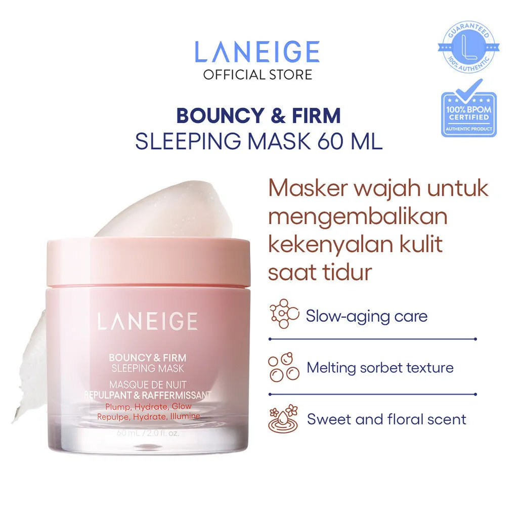 LANEIGE Bouncy & Firm Sleeping Mask 60 mL - Slow-Aging Face Mask, Masker Tidur Wajah, Kulit Kenyal dan Kencang