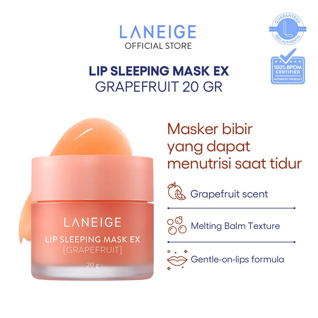 LANEIGE Lip Sleeping Mask Grapefruit 20 gr - Masker Bibir Malam, Melembapkan Bibir Kering & Pecah-pecah