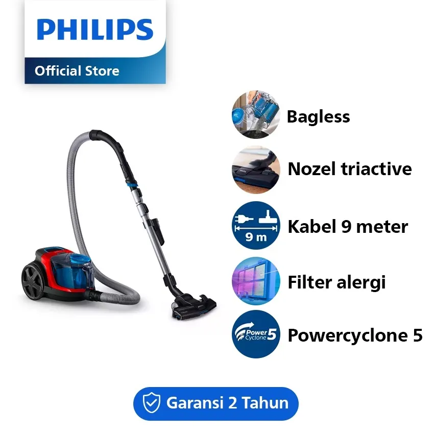 PHILIPS Bagless Vacuum Cleaner - FC9330 [Powercyclone 5/Daya Jangkau 9m/Nozel Triactive/Filter Alergi/Penyedot Penghisap Debu Serbaguna/Biru Merah]
