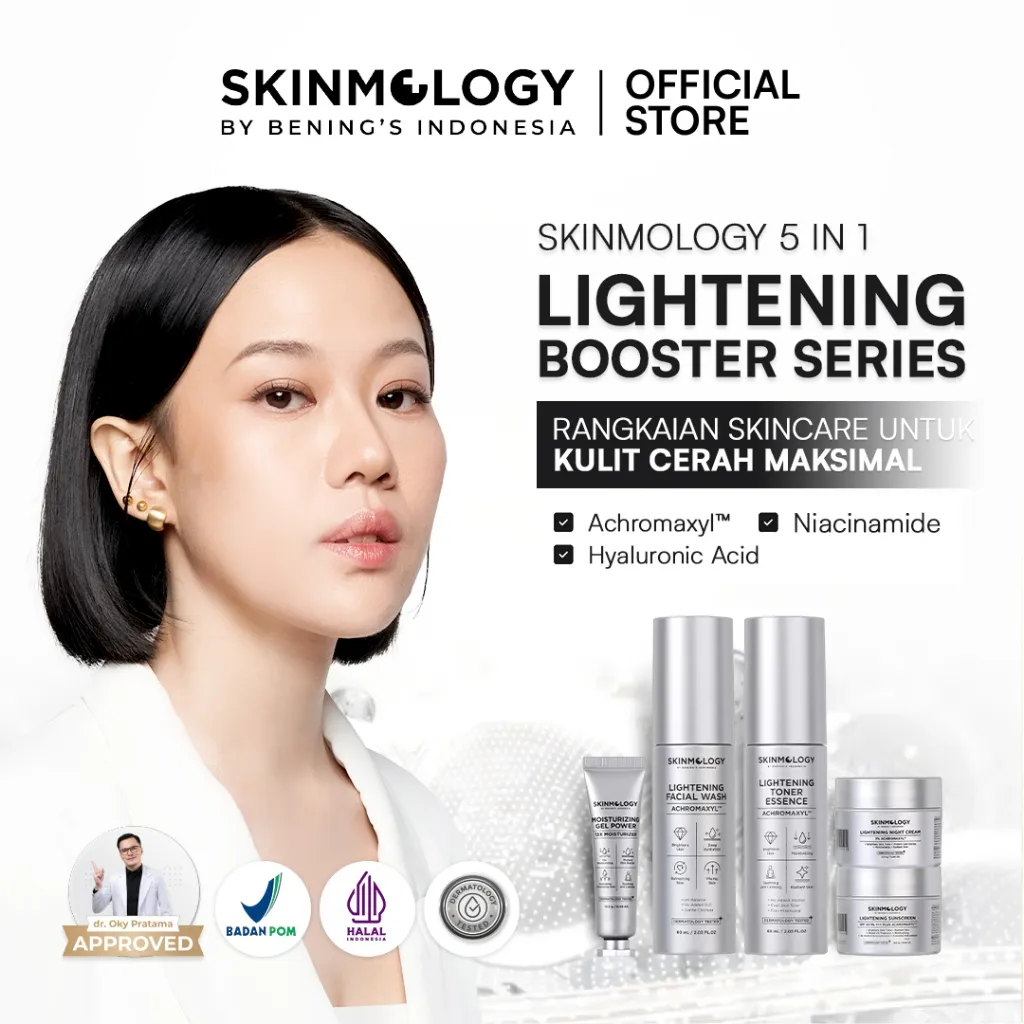 Skinmology By Bening's Indonesia - 5 in 1 Lightening Booster Series - Paket isi 5 pcs - Sabun Muka Krim Siang Krim Malam Toner Moisturizer - Achromaxyl Niacinamide Hyaluronic Acid - Mencerahkan Kulit Glowing Melembabkan - Pria Wanita