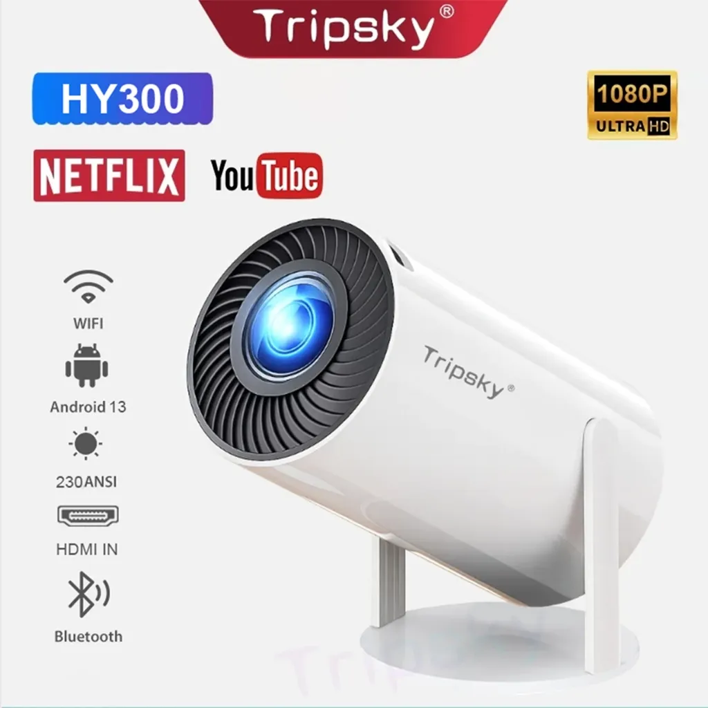 Tripsky Proyektor HY300 Smart Projector Android 13.0 OS 1080P 5000 Lumens Bluetooth HD Proyektor