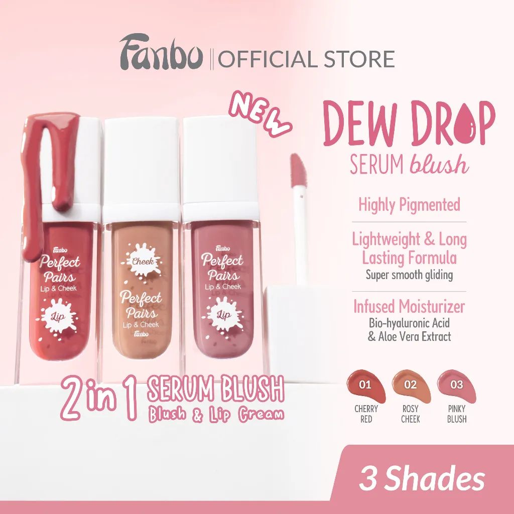 (FREE BANDO!) - Fanbo Dew Drop Serum Blush Lip & Cheek Tint 2in1 Blush On Cair Viral Highly Pigmented | Moisturizing - Blush Tahan Lama - Blush Serum untuk Bibir & Wajah