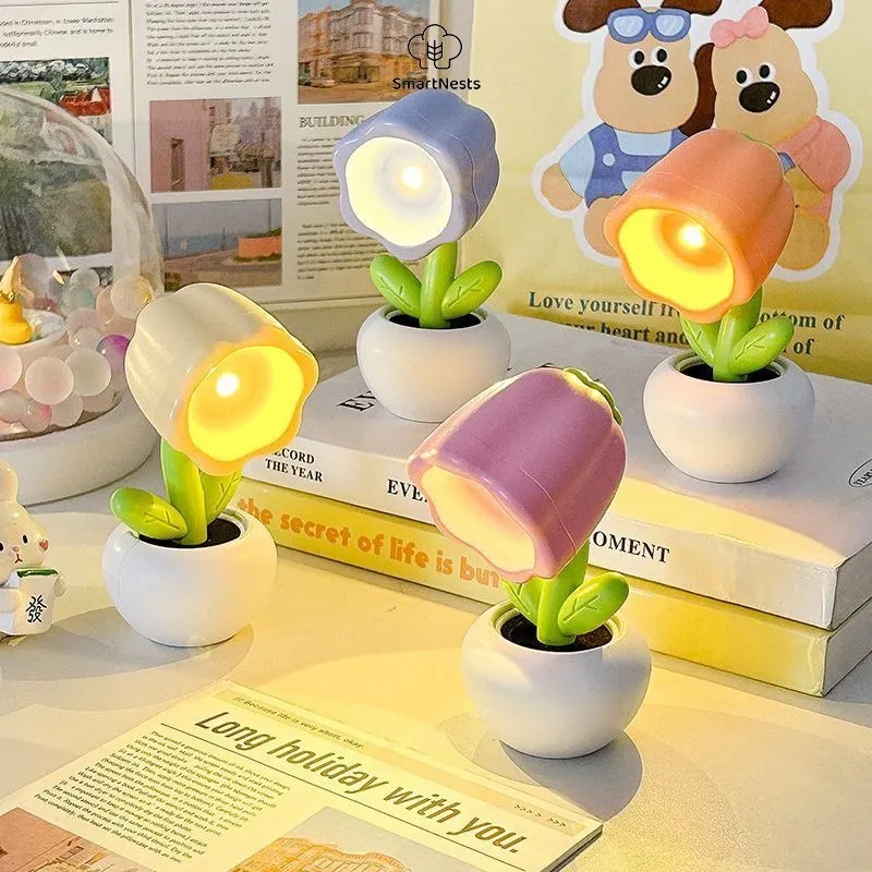 Pot Bunga Lucu Lampu Malam Kamar Tidur / Lampu Meja Estetik Bentuk Bunga Lucu / Lampu Tidur Aesthetic / Lampu Baca Free Baterai SM