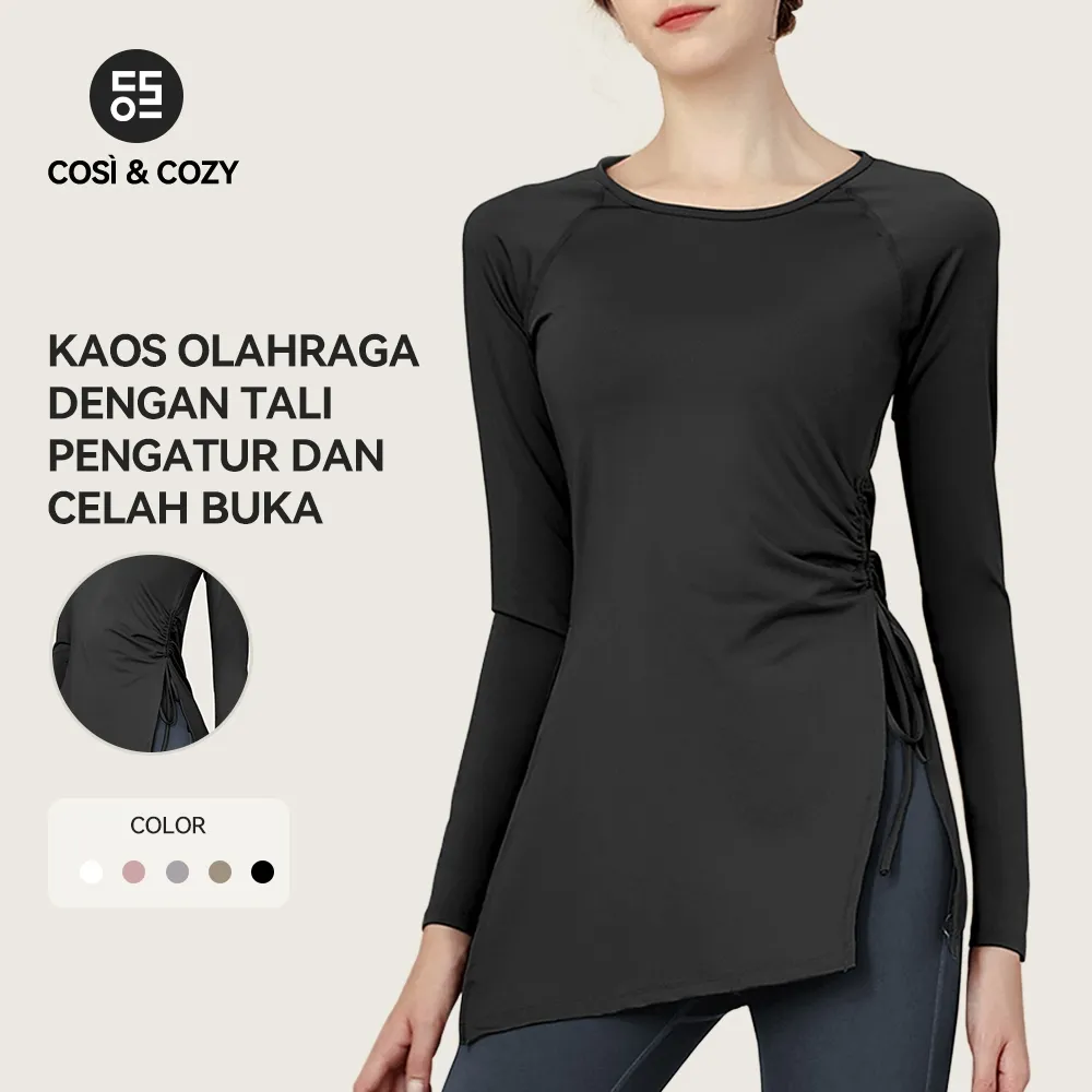 COSI COZY Kaos Baju Olahraga Wanita Lengan Panjang Dengan Tali Pengatur Dan Celah