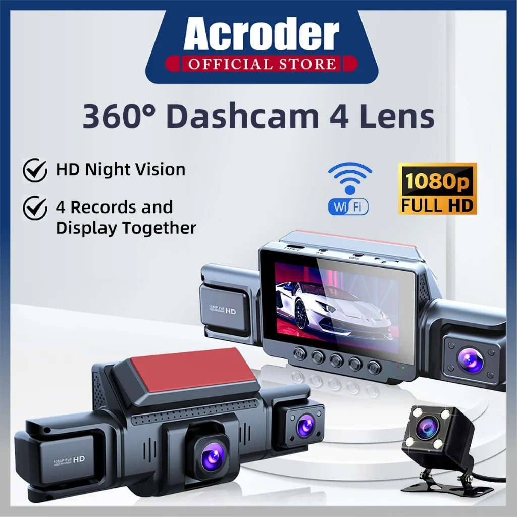 Acroder Dashcam 4 kamera T41 WiFi 1080P 3 Inch Screen G-sensor 24 Jam Pemantauan Parkir