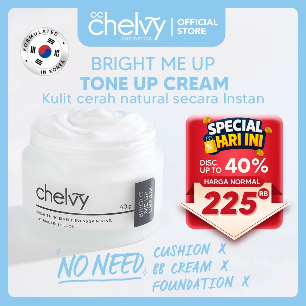 CHELVY Bright Me Up Cream | Tone Up Cream Mencerahkan Anti Aging Pengganti Foundation BB Cream Meratakan Warna Kulit Wajah Kulit Kusam Berjerawat Sensitif With Calendula Adenosine dan Niacinamide
