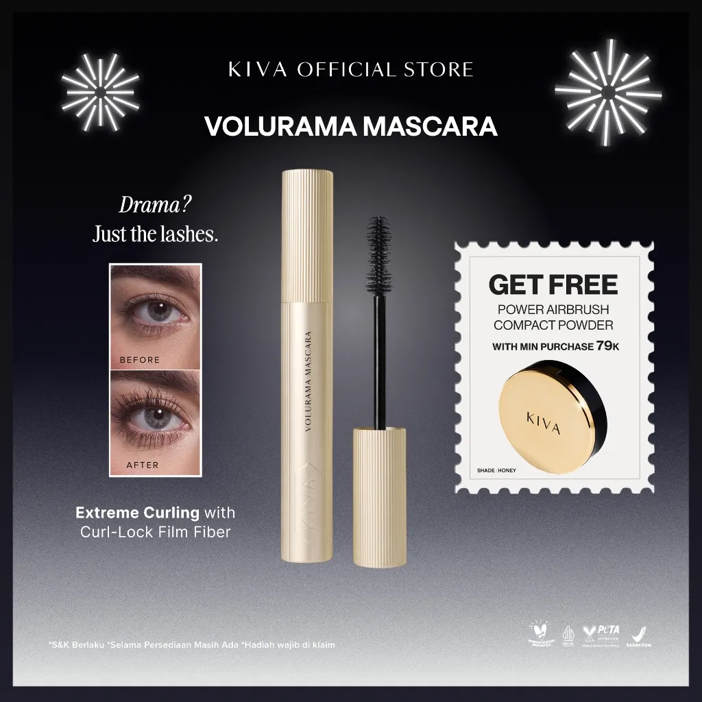 KIVA Volurama Mascara - Volumizing & Lengthening - No smudging No clumping Weightless false lash effect Maskara Waterproof Lash-Care Collagen Tahan Lama BPOM Kosmetik