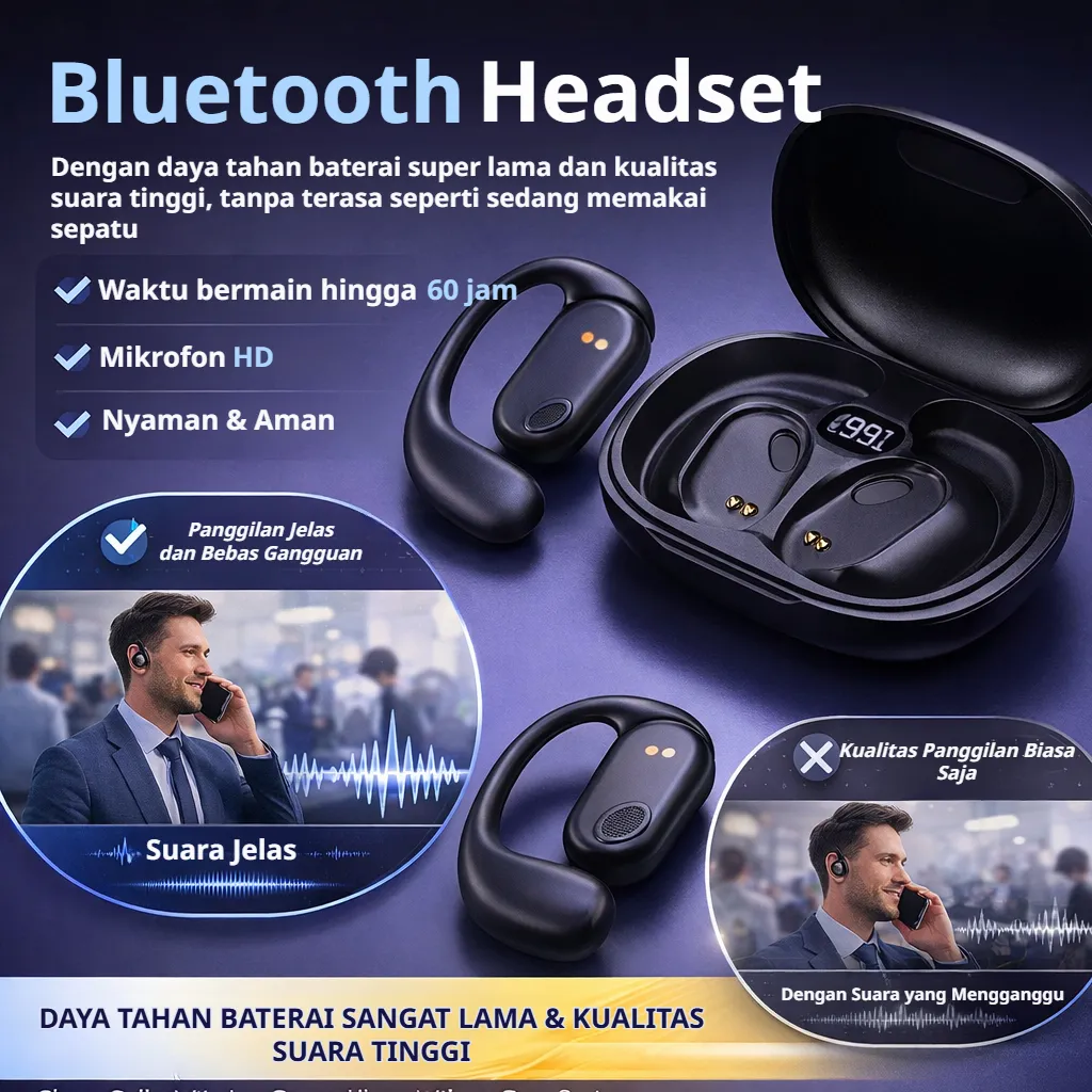 Headset Bluetooth Dengan Ear Hook Konduksi Tulang Sejati Dengan Daya Tahan Baterai 99 Jam | Headset Bluetooth Nirkabel Populer OWS | Headset Olahraga Baru Dengan Gaya Ear Hook Non-in-ear