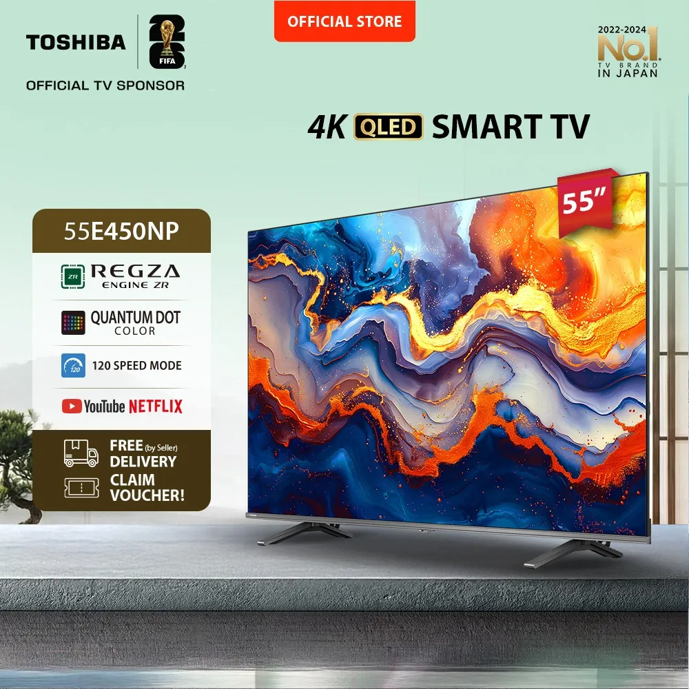 [4K QLED] [KHUSUS ONLINE] Toshiba TV 55" 4K UHD Smart TV - Regza ZR Quantum Dot QLED Dolby Vision Atmos HDR10+ MEMC VRR ALLM Game Deck Netflix Disney+ Youtube Screen Sharing Voice Control Wifi Bluetooth 5.0 HDMI 2.1 Digital - 55E450NP