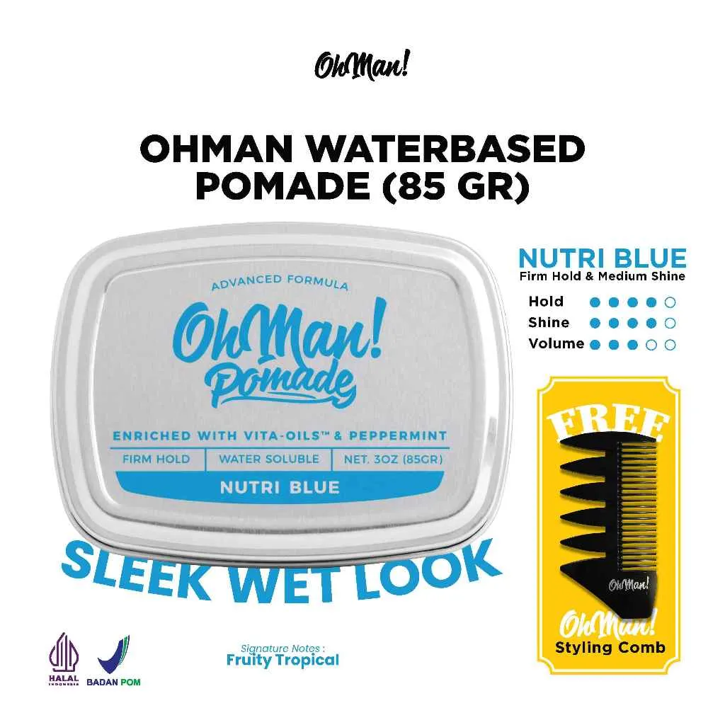 Oh Man! Pomade Waterbased Nutri Blue 85gr Strong Hold | Pomade Rambut Pria Mudah Dibilas & Rambut Rapi