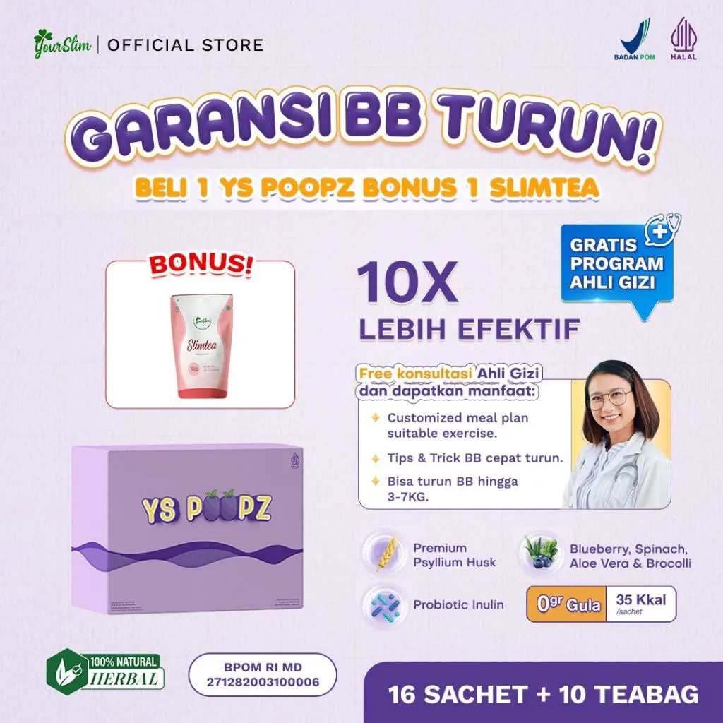 Yourslim YS POOPZ - GARANSI BB TURUN Probiotic Fiber Drink Diet Detox Healthy Suplement Minuman Pelangsing Penurun Berat Badan - 1 Box 16 Sachet