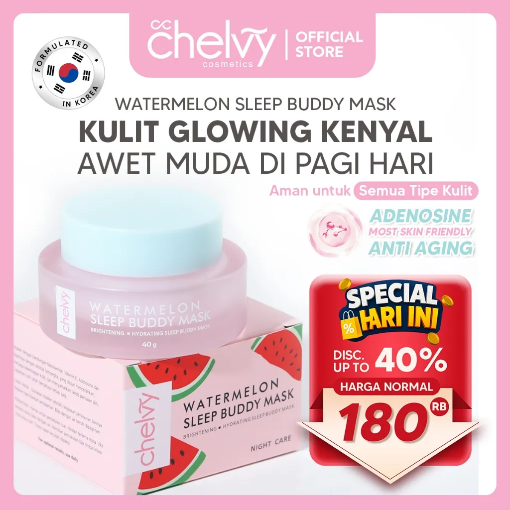 CHELVY Watermelon Sleep Buddy Mask – Masker Malam Mencerahkan Melembabkan Niacinamide + Centella Overnight mask moisturizing