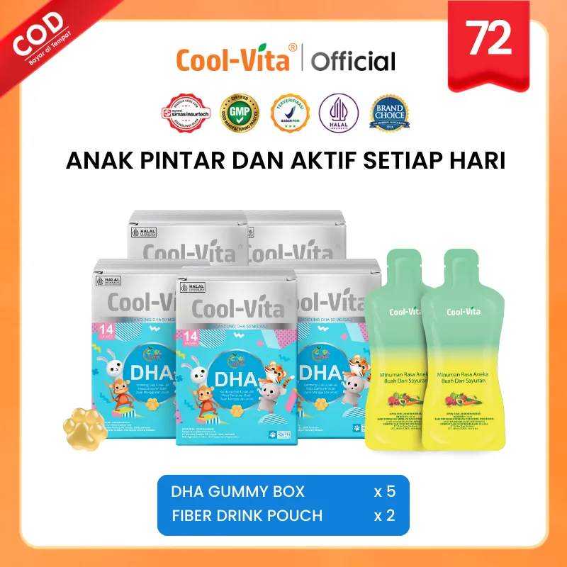 [Exclusive live] Coolvita 5 Box DHA Gummy + 2 Pouch Fiber Detox Drink | Gummy Rasa Apel, Mangga, dan Jeruk untuk si Kecil yang Aktif dan Cerdas - Suplemen Kesehatan Otak | Minuman Diet Pelangsing dan Penurun Berat Badan | BPOM & Original