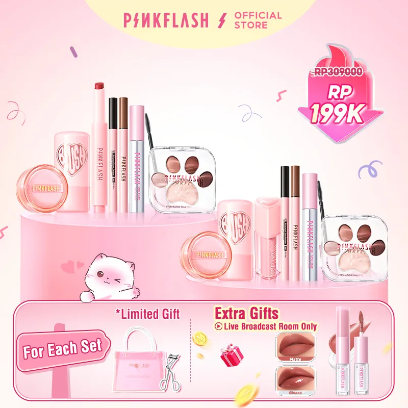 [12.12 LAUNCH SPECIAL]PINKFLASH 7PCS Makeup Set Eyeshadow Palette Liquid Eyeliner Volume Mascara Loose Powder Bubble Glowy Tint Melting Glossy Balm Watery Blush Stick