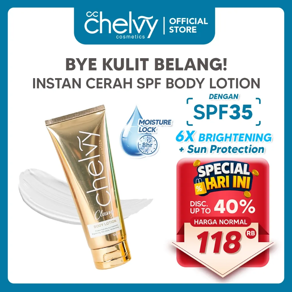 CHELVY Classy Body Lotion SPF 35++ – Body Lotion Mencerahkan & Melindungi Kulit dari Sinar UV | Ringan, Tidak Lengket, Wangi Tahan Lama