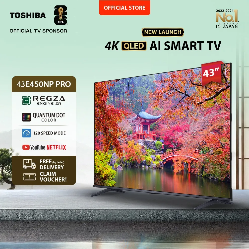[AI 4K QLED] [KHUSUS ONLINE] Toshiba TV 43" 4K UHD QLED AI Smart TV PRO - Regza ZR Quantum Dot Dolby Vision Atmos Far Field Voice HDR10+ MEMC VRR ALLM Netflix Disney+ Youtube Screen Sharing Voice Control Wifi Bluetooth 5.0 HDMI 2.1 Digital - 43E450NP PRO
