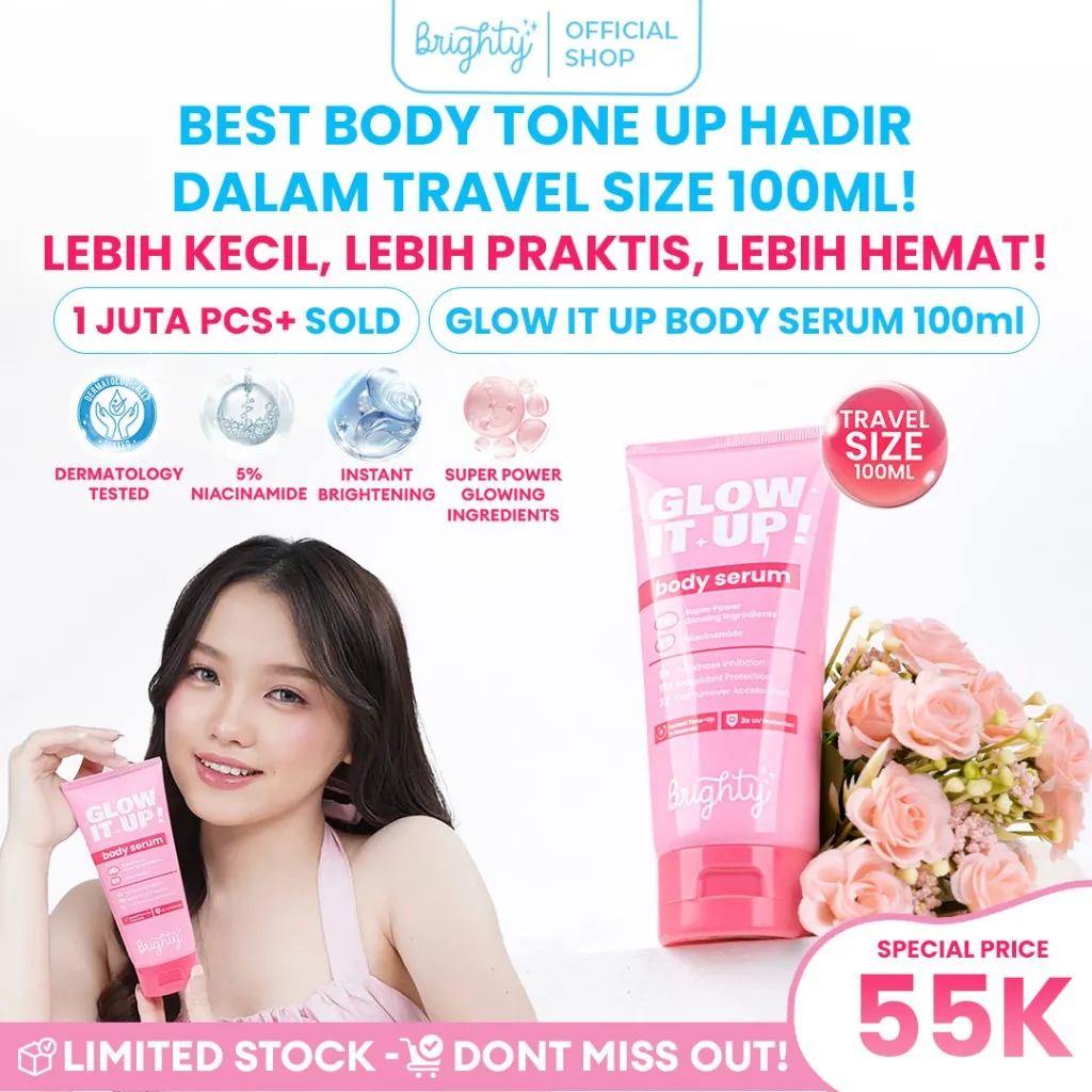 [ NEW LAUNCH 100ml ] Brighty Glow It Up Body Serum Mengurangi Noda Hitam Pencerah Kulit Melembabkan Kulit Memperkuat Skin Barier Body Serum Pemutih Menyamarkan Noda Hitam Penghilang Noda Hitam Halal MUI BPOM