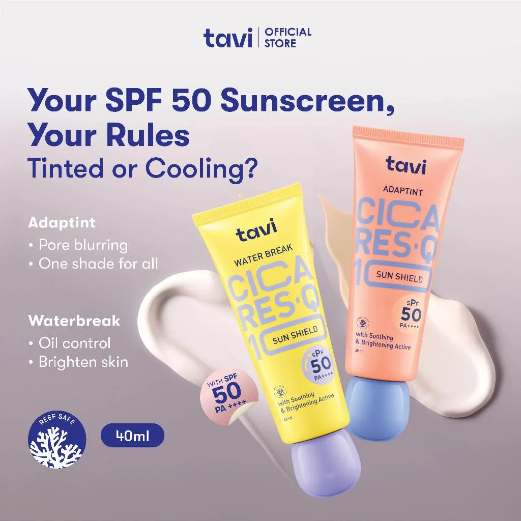 TAVI CICA RES-Q10 AdapTint Sun Shield 40 ml / TAVI CICA RES-Q10 Water Break Sun Shield 40 ml - Sunscreen Tabir Surya SPF 50 PA++++ - Skin Tint - Pore Blurring - Menyamarkan Bekas Jerawat - Oily Skin - Tone up