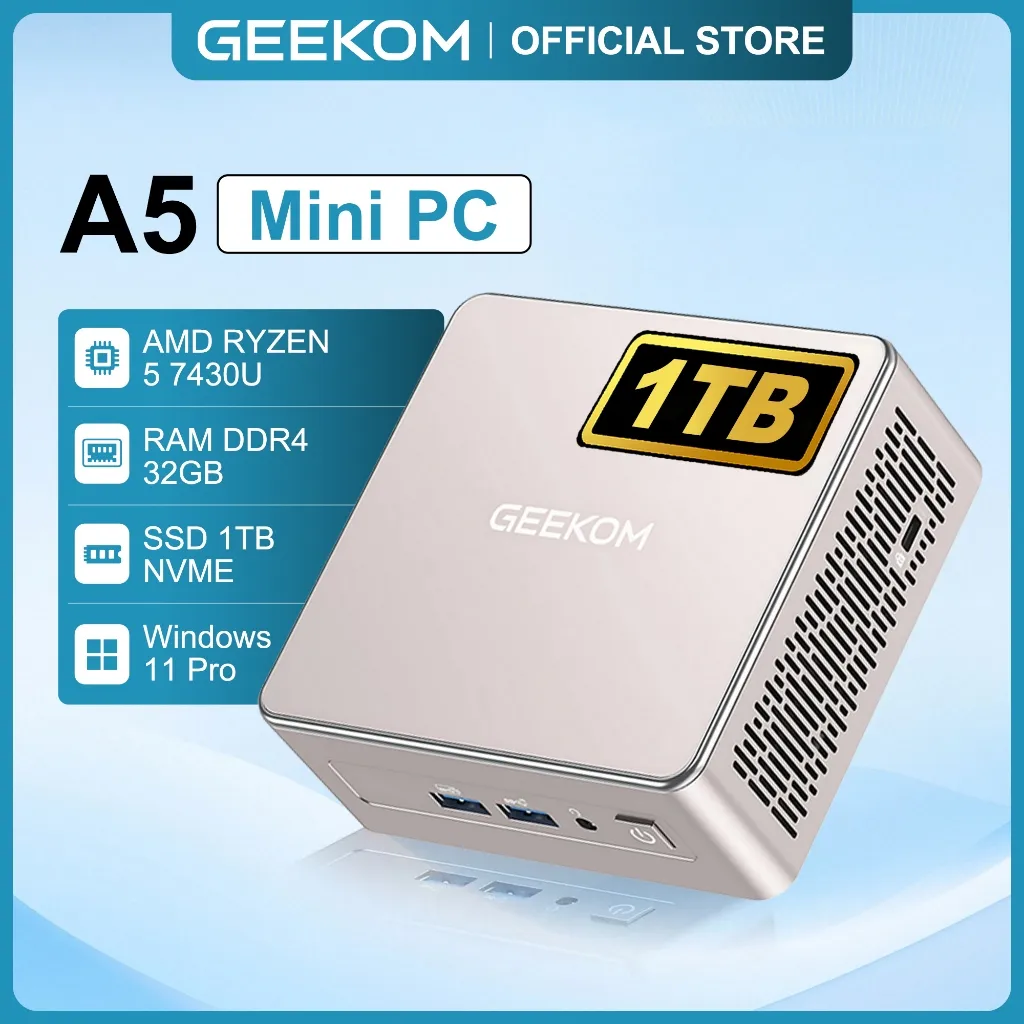 GEEKOM A5 2025 Ed Mini PC with AMD R5 7430U, 32GB RAM & 1TB M.2 NVMe SSD,  Support 8K UHD 4 Display