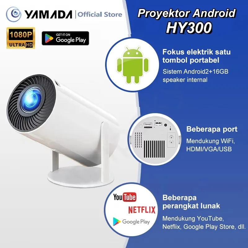 Proyektor Android  HY300 Smart Proyektor 180 ANSI Lumens  HD 1080P Bluetooth5.0  - YouTube Android 11.0
