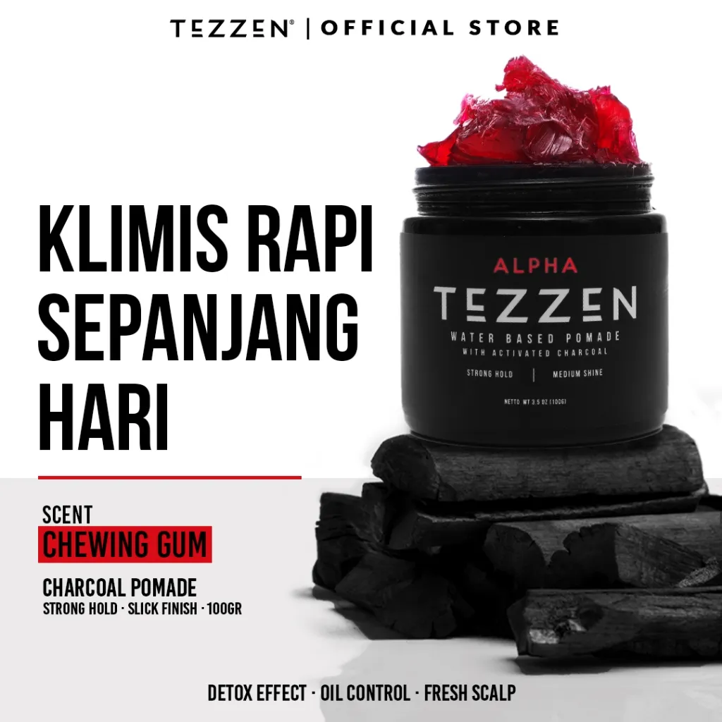 Tezzen Alpha Charcoal Water Based Pomade - Premium Hair Pomade Rambut Keren Rambut Sehat