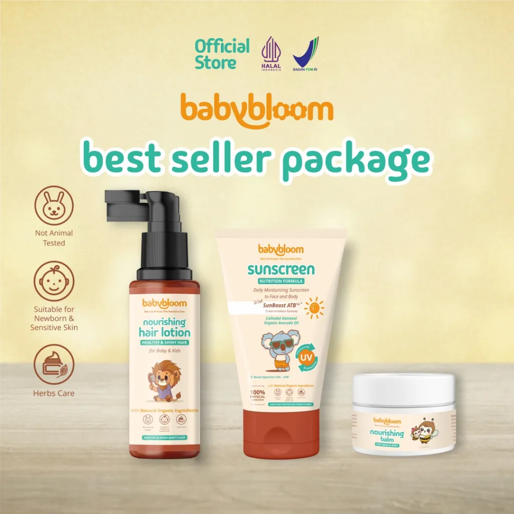 Babybloom BEST SELLER Package Nourishing Hair Lotion for baby & kids 100ml + Daily Moisturizing Physical Sunscreen SPF 50+ PA++++ 50gr + Nourishing Balm for sensitive skin30 gr