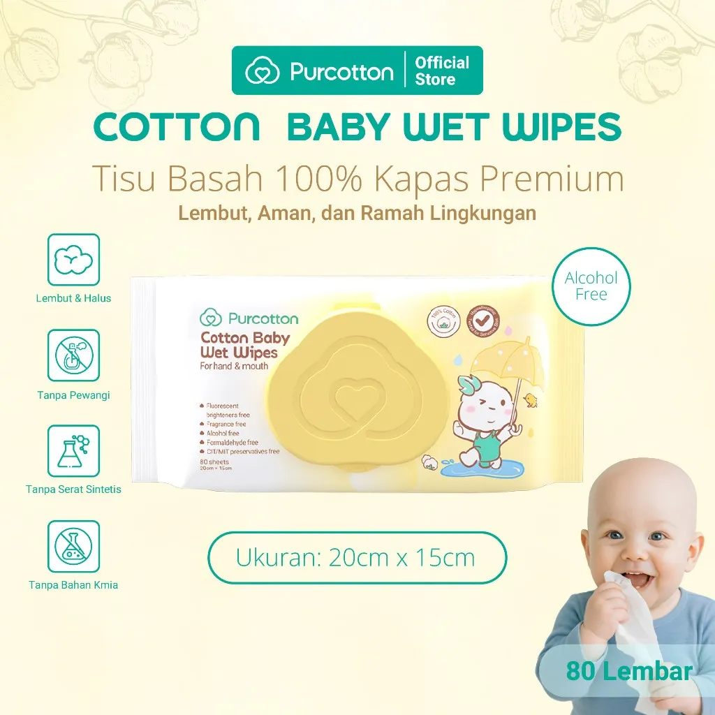 PURCOTTON Tisu Basah Bayi Natural Cotton 80 Lembar - Tisu Basah Bayi Lembut Non Alkohol Ultra Soft