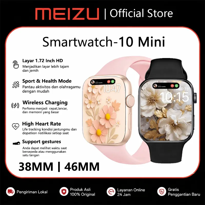 MEIZU Smartwatch S10 Mini & S10 Pro Max Original with 1.72"HD - Custom Wallpaper - Bluetooth Call - Sport Mode & Health Monitoring - Tahan Air IP68 GPS NFC Waterproof Bluetooth Call Smartwatch wanita pria Monitor Monitor Detak Jantung Android IOS