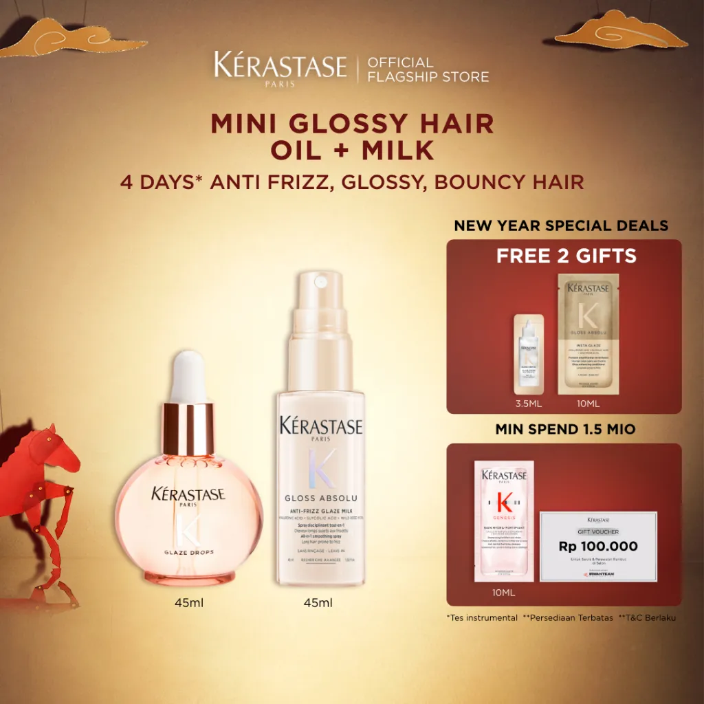 [New Launch] Kerastase Gloss Absolu Glossy Hair Ultimate Trial Set Duo - Glaze Drop Hair Oil 45ml & Anti Frizz Glaze Milk 45ml - Hair Oil dan Heat Protectant for Anti Frizz, Glossy, Bouncy Hair