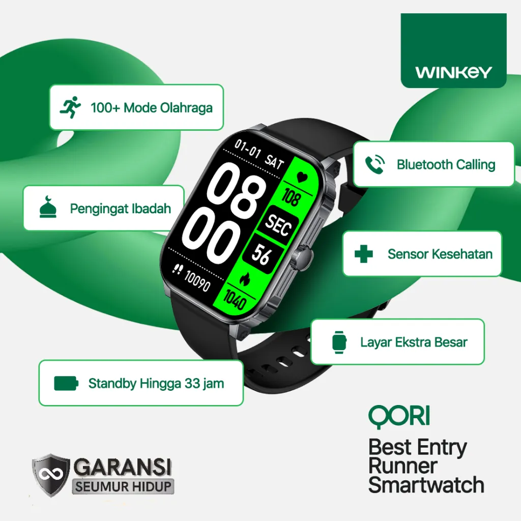 WINKEY Smartwatch Running Qori 100+ Sports Mode Bluetooth Calling Standby 33 Hari