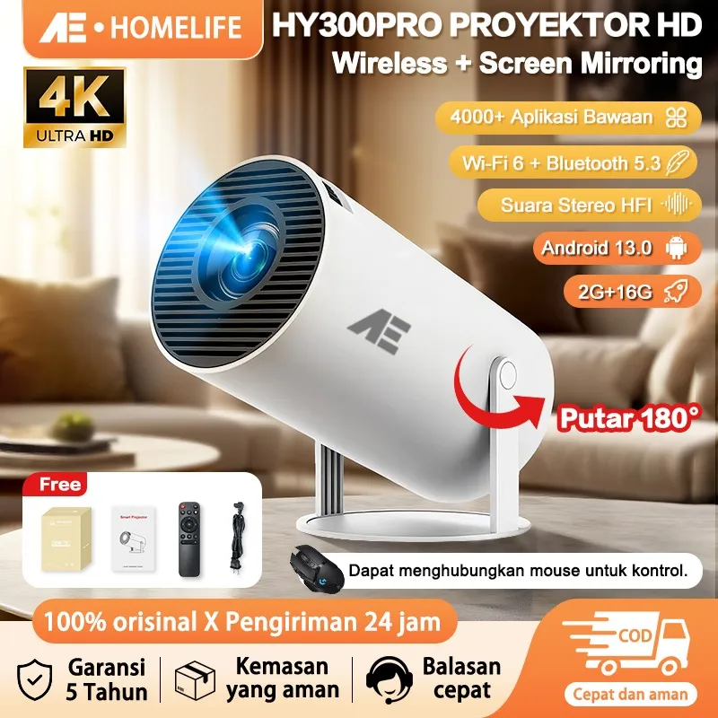 AE 2G+16G Smart Proyektor Android 13.0 4k YouTube HD Mini Infocus Proyektor Auto Keystone 220 ANSI