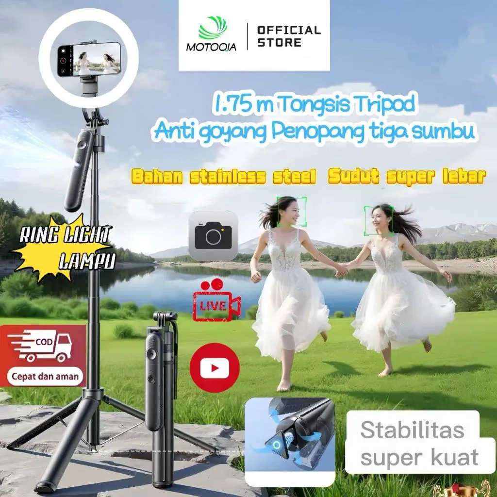 Tripod Handphone Konten Kreator 1.7 Meter lampu HP 170CM 175CM Tongsis Tripod Handphone 1/4 Adaptor Selfie Stick Free Tas tripod Portable Mobile Phone Stand Selfie Stick Collapsible Easy-to-store selfie stick