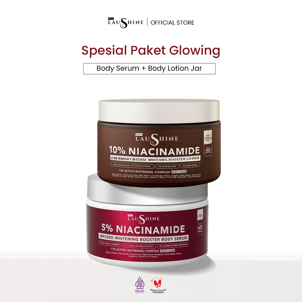 Laushine - Paket Glowing - Body Infused Whitening Serum & Overnight whitening Body Lotion - 10% Niacinamide - Membantu Mencerahkan
