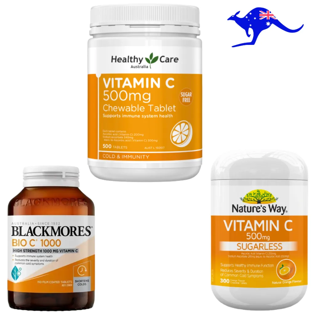 Healthy Care Vitamin C 500mg 500 Chewable Tablets Australia / CENOVIS Sugarless Vitamin C 500 mg Chewables 300 Tablet Kunyah / Nature's Way Natures Nature / Bio C 1000mg Vitamin C 1000 150 Australia Blackmores