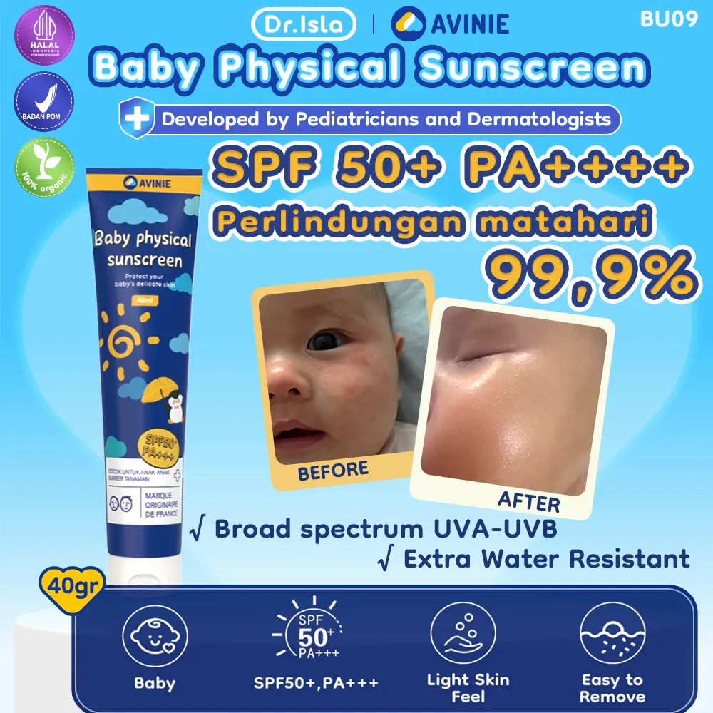 AVINIE & Dr.isla Physical Sunscreen Anak 40gr Dengan SPF (50+) PA(++++) Broad Spectrum, Water Resistant - Skincare Anak & Anak BU09
