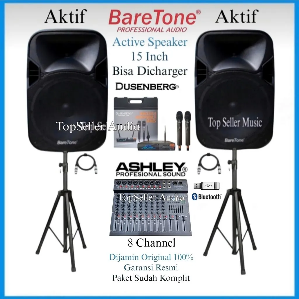 Paket Sound System Karaoke 15 Inch Speaker Aktif BareTone Max15 Bisa DiCharger Mixer Ashley 8 Channel Bluetooth Mic 2 Wireless DusenBerg Original Garansi Resmi