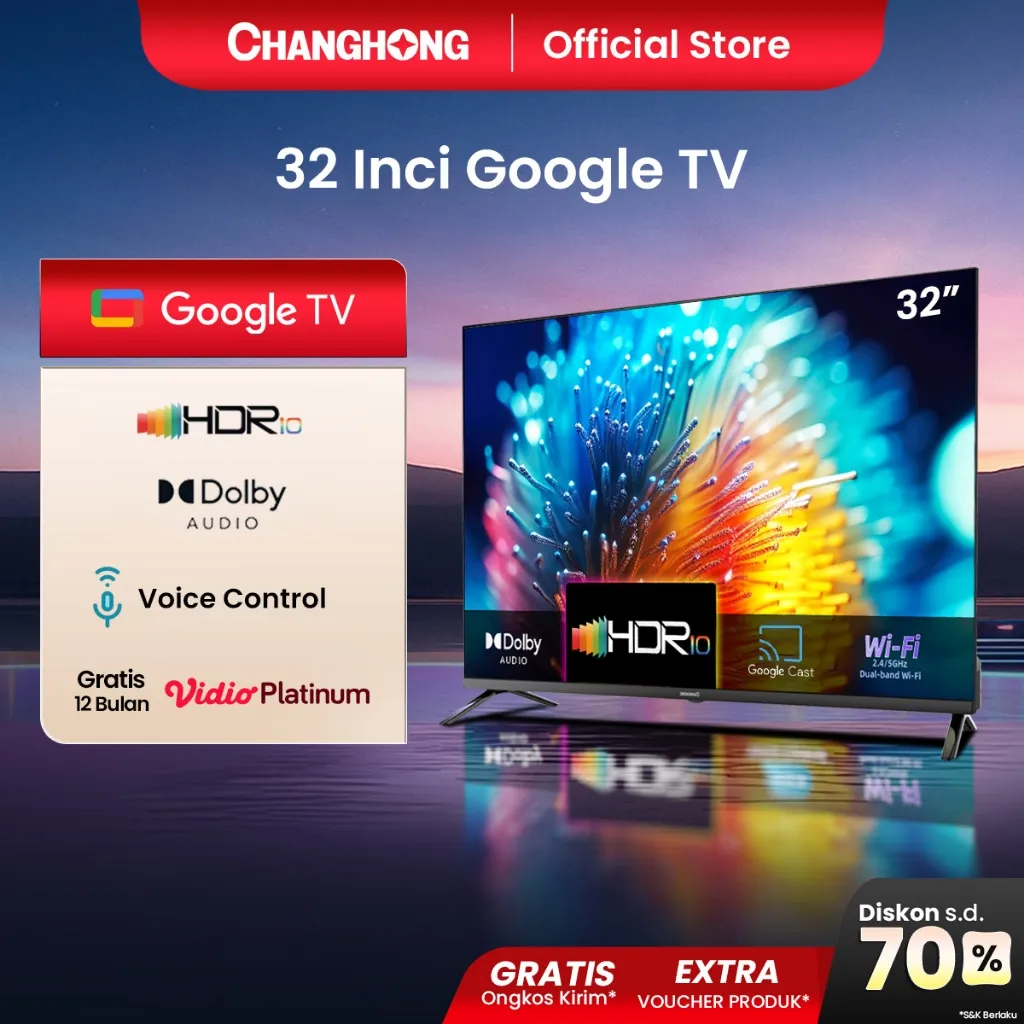 [TV 32 INCH TERLARIS] Changhong Smart TV L32M91 Google 32 inch Dolby Audio Google Play Netflix Youtube Bluetooth USB Google Assistant Smart TV Digital TV Free Vidio (L32M91)