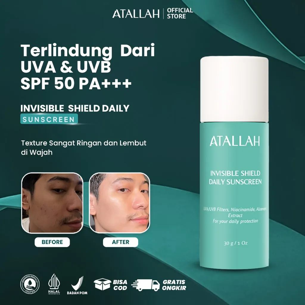 ATALLAH Sunscreen Invisible Shield Daily SPF 50 | Sunscreen Perawatan Wajah Pria | Chemical Sunscreen |