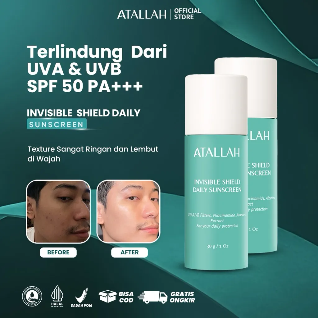 ATALLAH Invisible Shield Daily Sunscreen SPF 50 2PCS | Perawatan Wajah Pria | Chemical | Perlindungan Sinar UV & Mencerahkan box