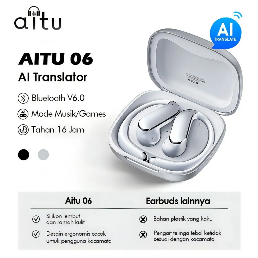 Aitu 06 TWS Headset Bluetooth Sport Open Ear Waterproof IPX5 High Bluetooth Connection V6.0 Fitur AI Penerjemah Bahasa Asing