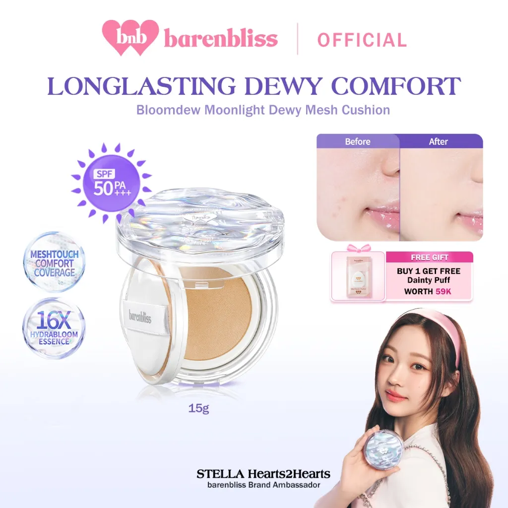 [BEST SELLING] BNB barenbliss Bloomdew Moonlight Dewy Mesh Cushion 15g Cushion Dewy SPF 50+ PA+++ Niacinamide Ringan Tahan hingga 24 jam Non Comedogenic Dermatology Tested Cream Glow Foundation Skin Tint Concealer