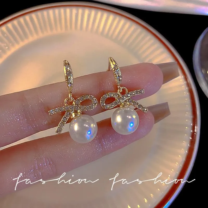 JOY A29 Anting Model Stud Drop Wanita Gold Korean Bow Pearl Dangle