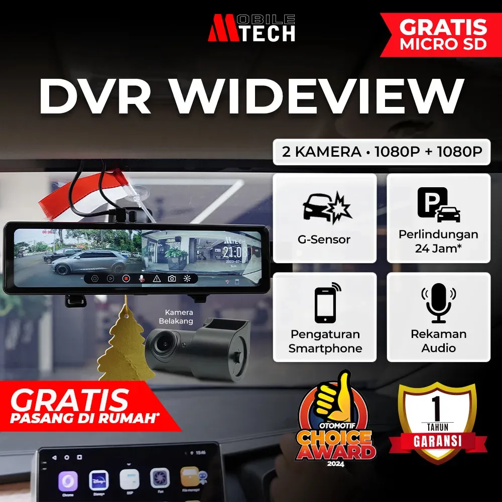 MobileTech Dashcam Mobil Wideview WiFi 1080p Dual Lens Camera Layar Sentuh G-Sensor Loop Recording Parking Monitoring 24 Jam