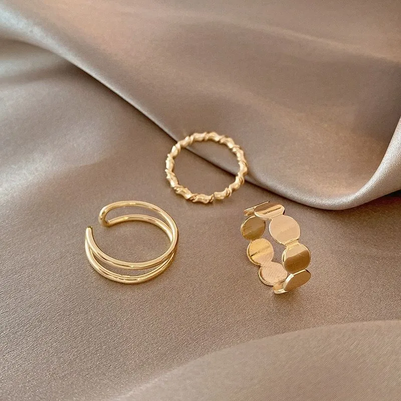 JOY C06 Cincin Wanita Gold Tone 3 in 1 Set Adjustable Ring Fashion