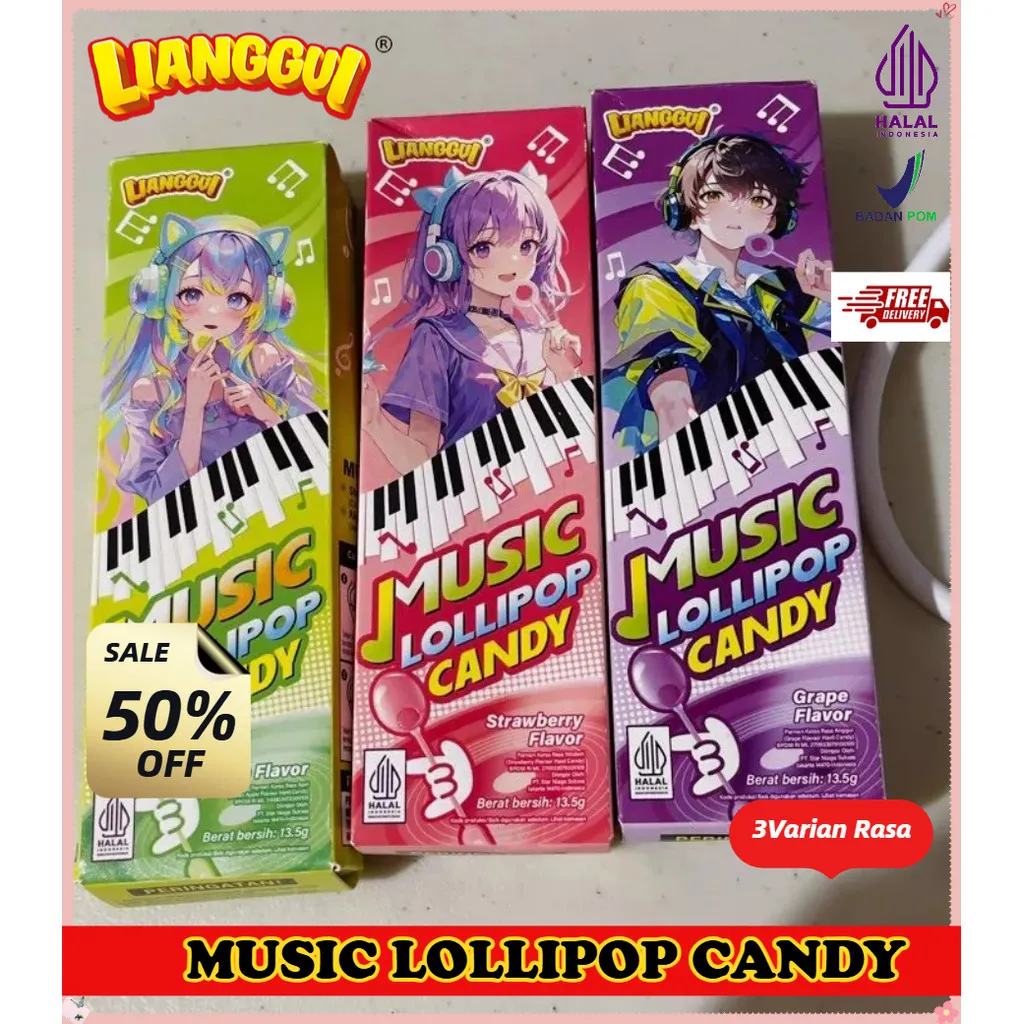 Halal Lianggui - Permen Lolipop Musik 3 Rasa Apel Stroberi Anggur Halal Cemilan Viral Anak Kantor Murah-Hadiah anak [Stok tersedia, tidak perlu menunggu]