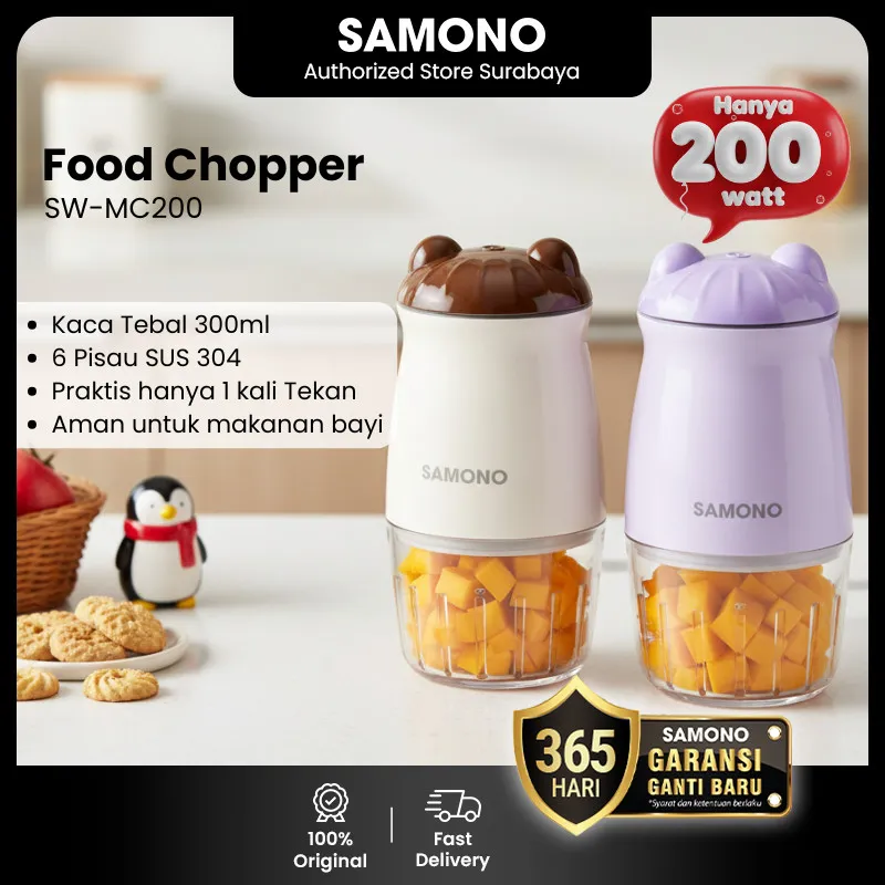 SAMONO Chopper MPASI 300ml​ Wadah Kaca Food Grade​ 200 Watt Pelumat Makanan​ Bayi Penggiling Bumbu Daging Buah​ Food Grade Food Processor Blender MPASI​ Bayi 6 Bulan Perlengkapan MPASI​ Garansi 1 Tahun SW-MC200