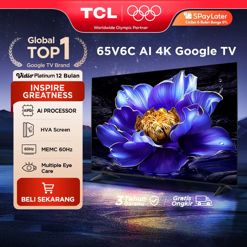 TCL AI 4K Google TV 65 inch V6C - MEMC - HDR 10 - HVA Panel - Dolby Audio - Google Play/Netflix/Youtube/Disney+Hotstar - Smart Android 55 LED Digital Promo Murah (Model: 65V6C)
