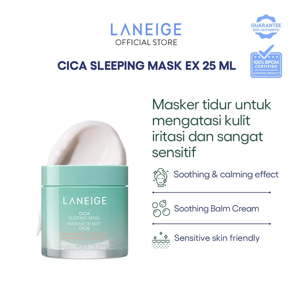 LANEIGE Cica Sleeping Mask 25 mL - Masker Tidur Wajah untuk Kulit Sensitif, Menenangkan Kulit, Meredakan Kemerahan & Iritasi